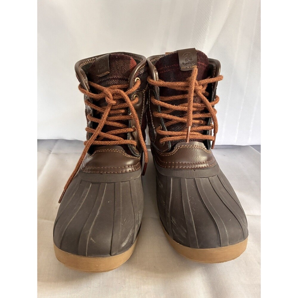 Size 2 Kids - Kamik Sierra Waterproof Duck Boots - Dark Brown with Plaid Flannel